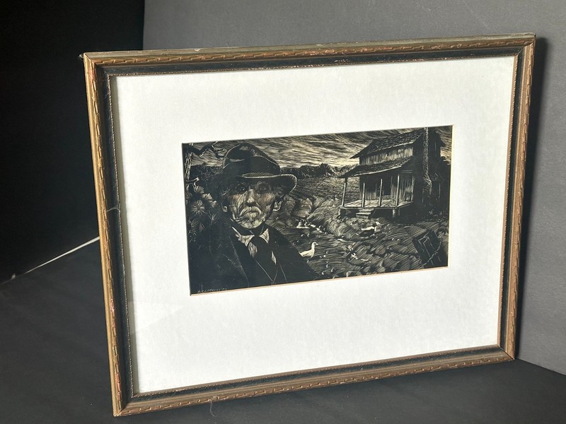 Angelo Gepponi 1940s Stylized Depression Linocut Block Artwork Self Portrait