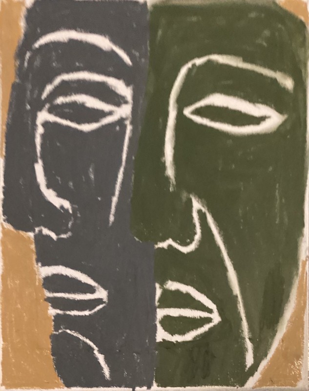 Mask Face Pop Green Gray African Triptych #3 Original Wall Art 11 by 14 Canvas gallery