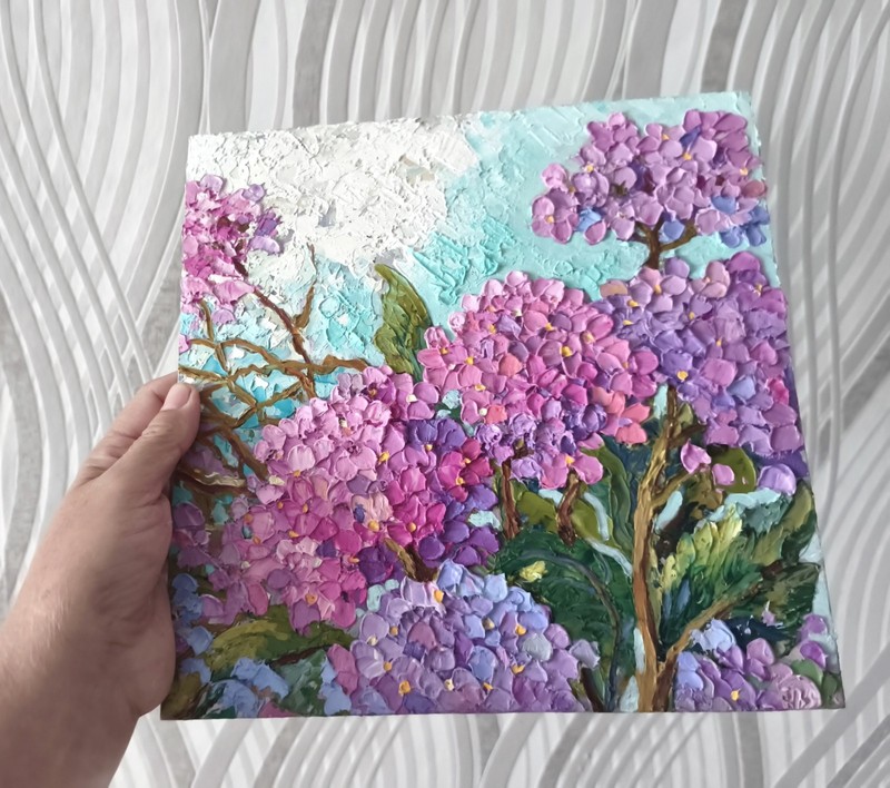 Flowers Original Oil Painting on Panel 10x10in Hydrangea Impasto Art Signed gallery