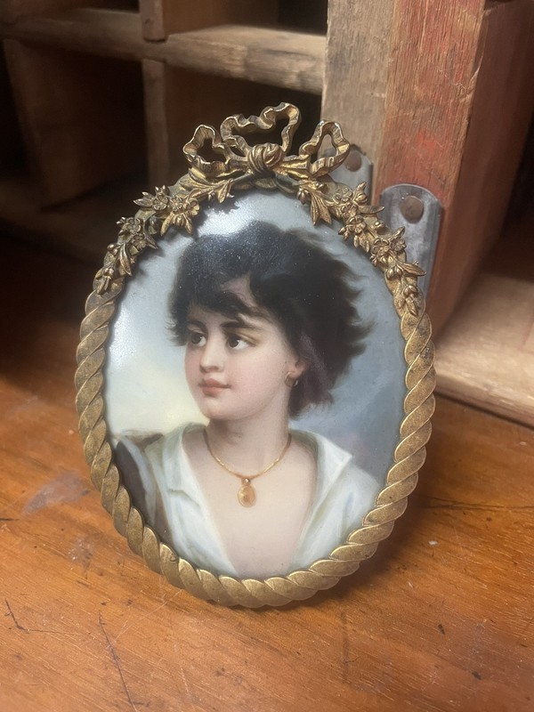 19th C Miniature Enamel Painting Portrait Neapolitan Gypsy Fisher Boy Brass