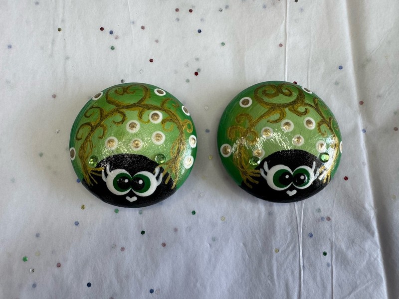 Artisan Painted Rock | 2 Lady Bug Green Set Dot Art
