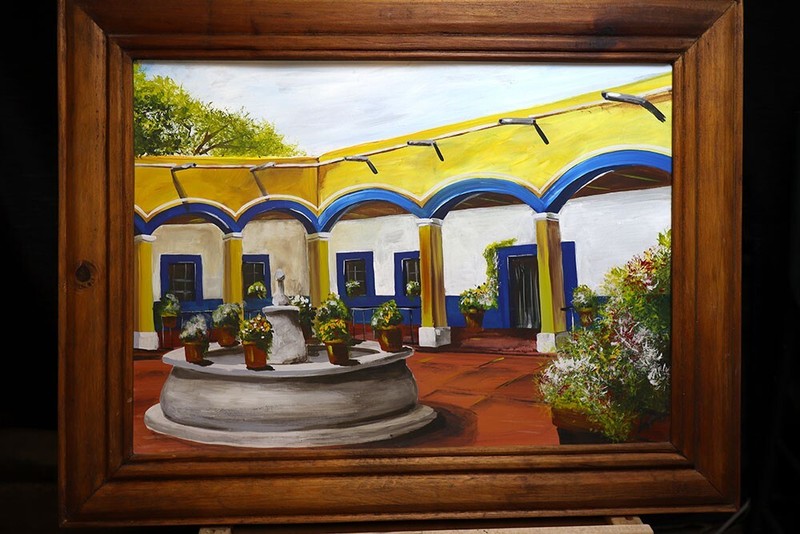 ⭐ Original Courtyard Landscape Painting – Framed Art 87cm x 67cm