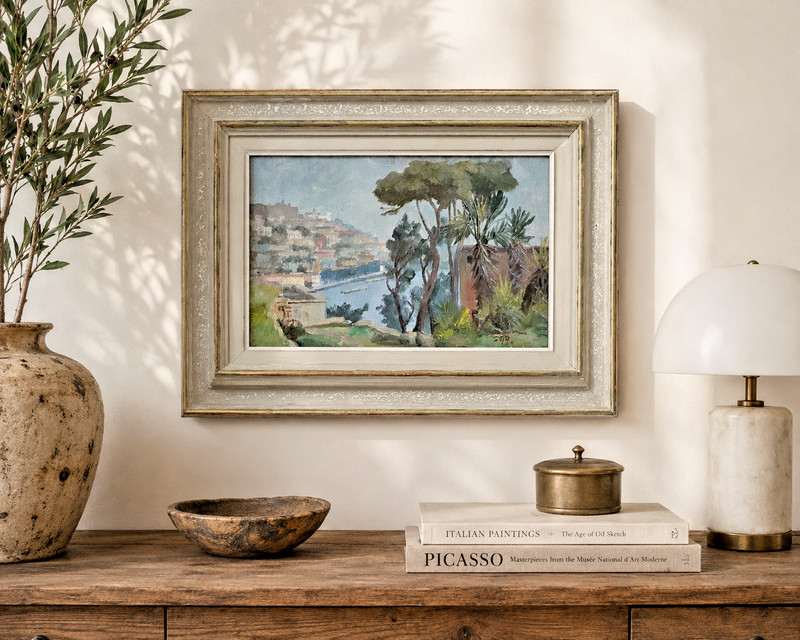 SCANDINAVIAN  MID CENTURY OIL PAINTING IMPRESSIONIST COASTAL VIEW NAPLES SIGNED.