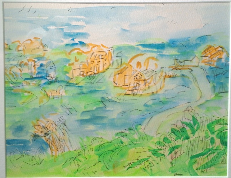 Water Color, Town Life,Signed,Landscape, F. Brenner