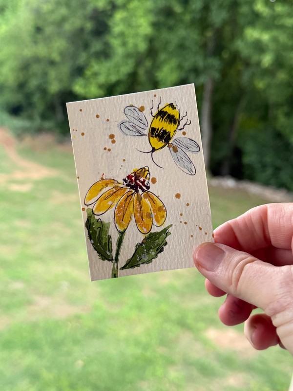 ACEO #38 Bumble Honey Bee, Yellow Flower, artist trading card, 3.5×2.5 inch