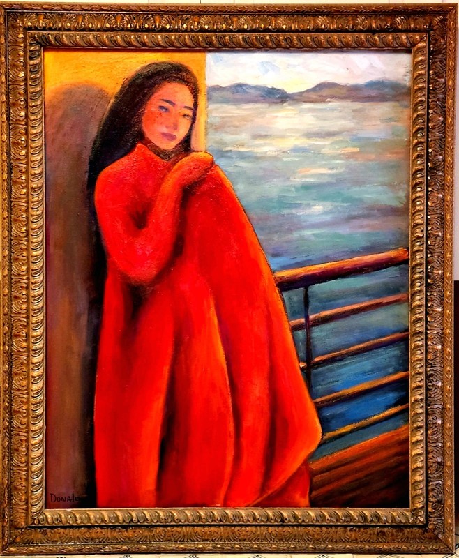 Large Oil Painting Lady Red in a Cape on River Boat at Sunrise Framed by Donalee