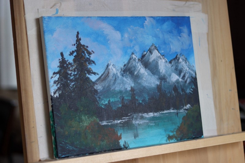 Hand Painted Mountain Lake & Trees Landscape Painting on Canvas by E. Karasyuk