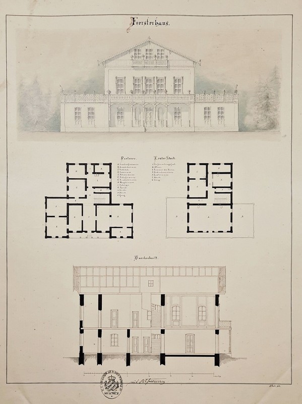 Forsthaus Prince’s House Drawing Drawing Architecture A. von Voit Signed 1854