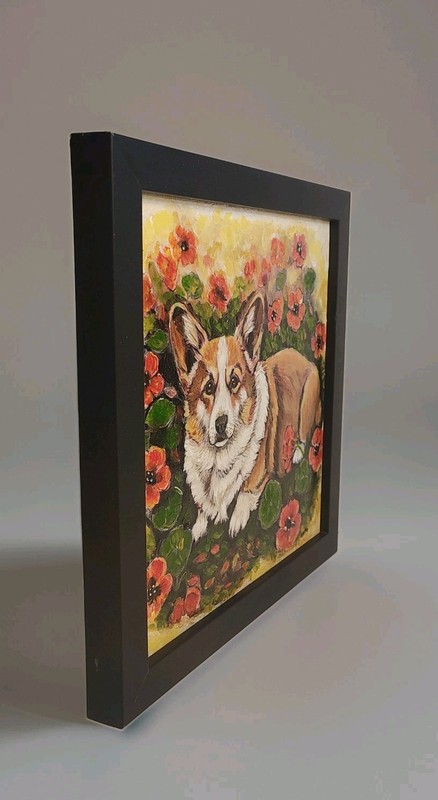 Original Painting of a Corgi Dog sitting among Orange Flowers 9" x 9" Framed gallery
