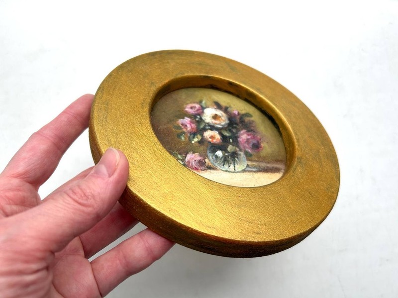 Framed Original Rose Floral Painting Victorian Peonies still life circle flowers gallery