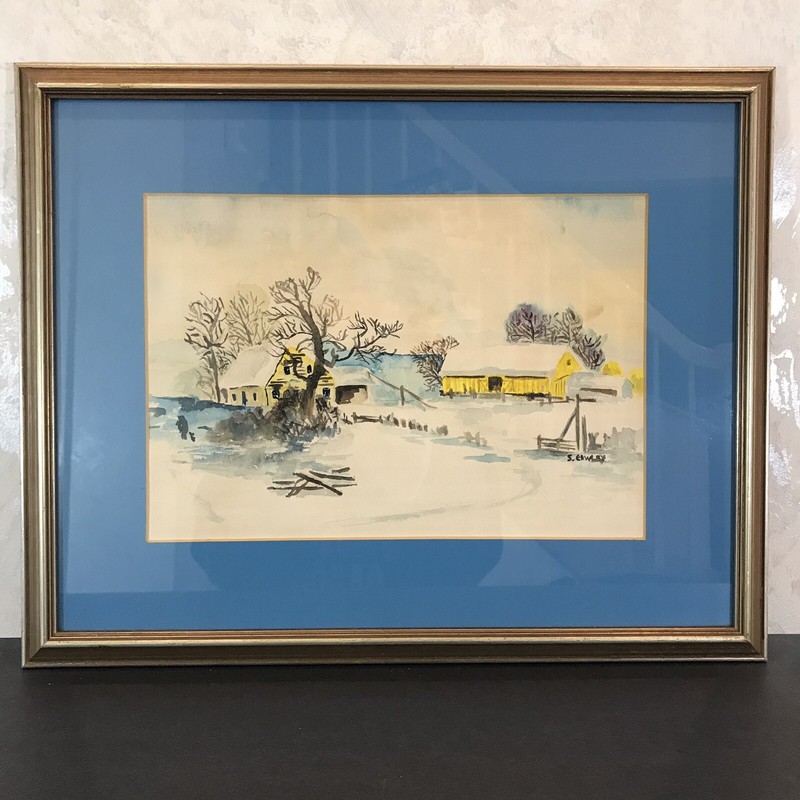 Winter Farm Scene Watercolor Artist Signed House Barn Framed Matt 19.5×15.5″