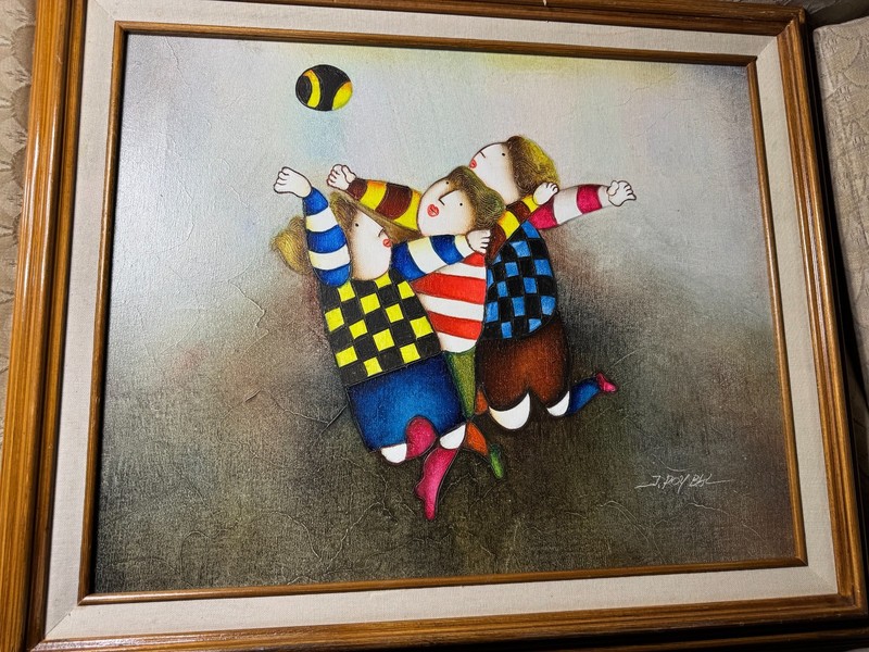 Joyce Roybal (b1955) "Children Playing Rugby Scene" Oil Painting - Signed/Framed gallery
