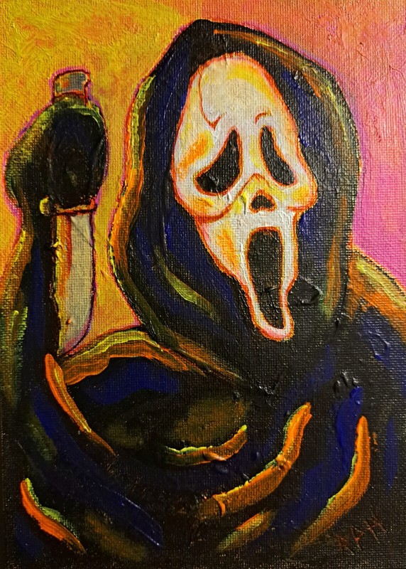 Purple acrylic & ink mini «Ghostface» 5×7″ Mini painting Limited 1/1 signed