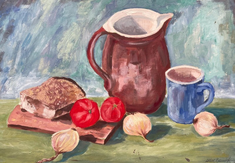 Realism Kitchen Still Life Milk Jug Blue Coffee Cup Bread Tomatoes Onions gallery