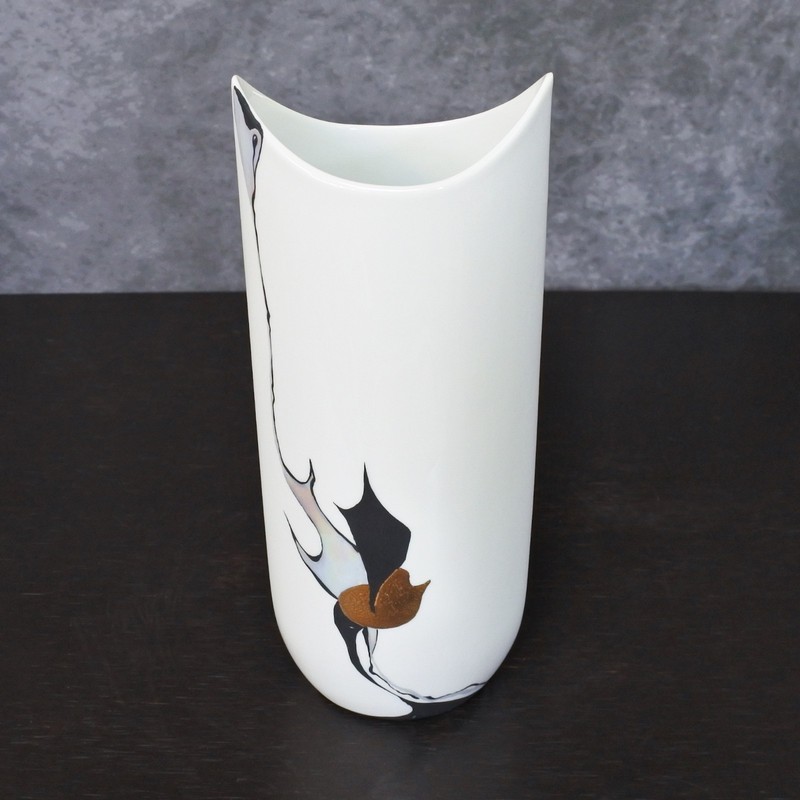 Vintage Signed Kaiser Hand Painted Abstract White Black Gold Porcelain Vase gallery