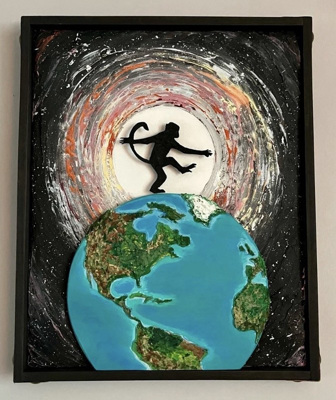 Mixed Media 3D Relief Earth Silhouette Framed Contemporary Painting