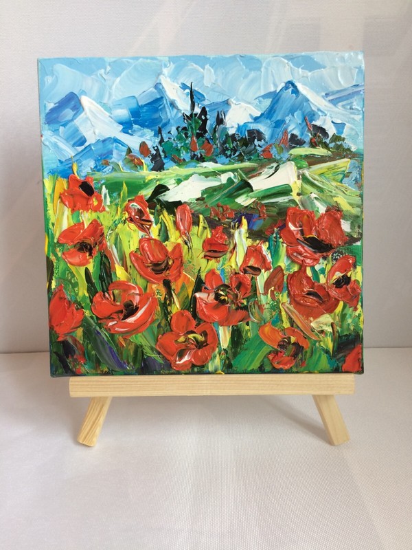 Landscape Ukraine Original Canvas Painting 8*8″ Poppies Small floral wall art