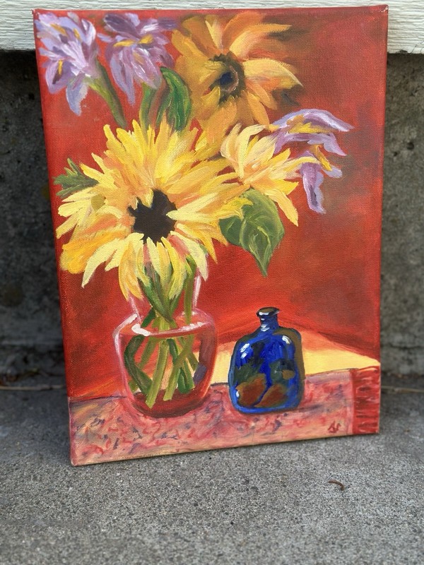 Floral Still Life Oil Painting Colorful Sunflowers Bright Cheery 9×12” Canvas