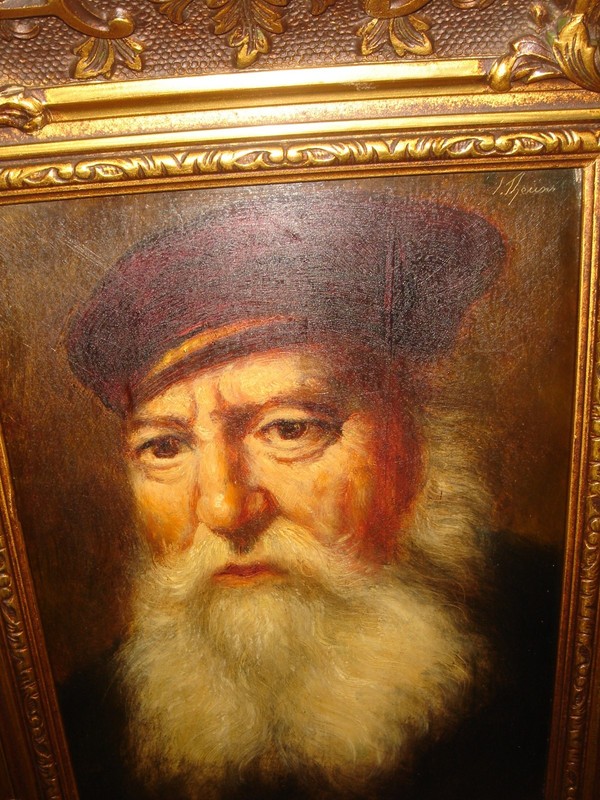 Antique oil painting, { Johannes Theuns, 1877- 1961, The Merchant - Rembrandt }. gallery