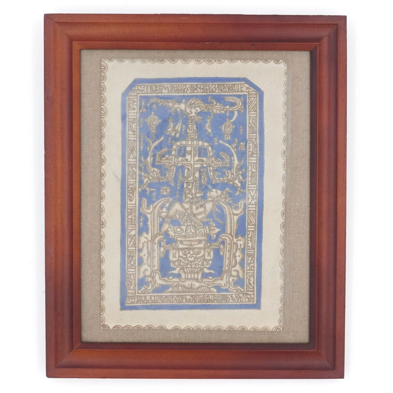 Mayan Art King Pakal Sarcophagus Lid Palenque Framed Leather Art 12 x 10