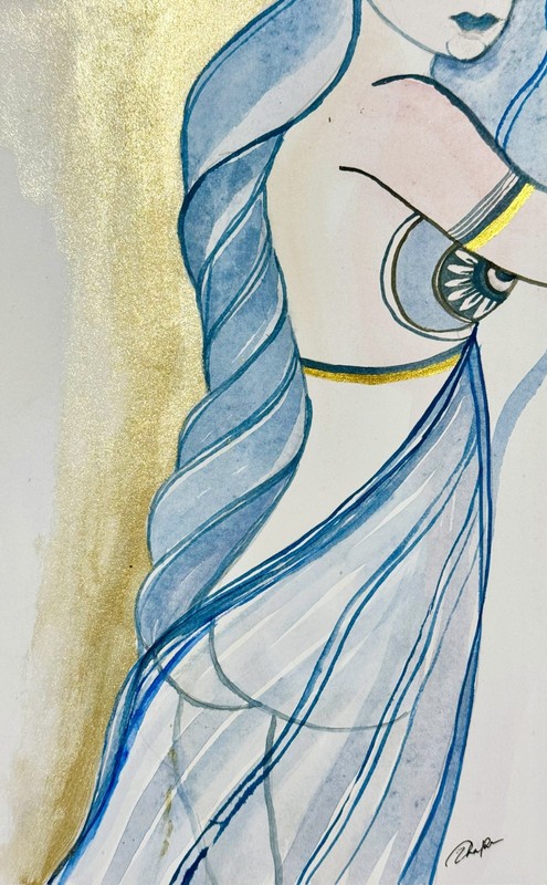 Lunar Goddess in Gold – Original Blue Watercolor Hand Painting Wall Art Deco