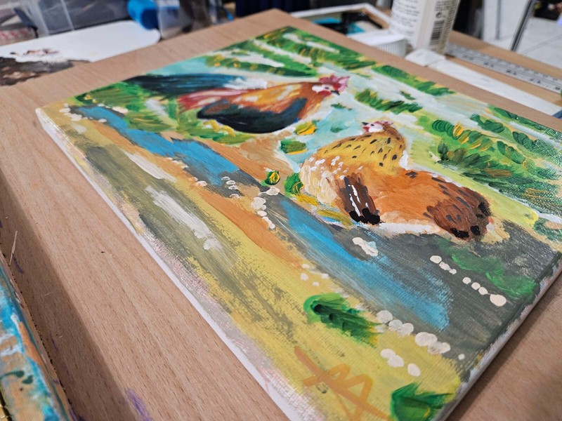 Original Hand Painted 8x10 Inch Canvas Ohiki Chickens, Rooster & Hen Wall Art gallery