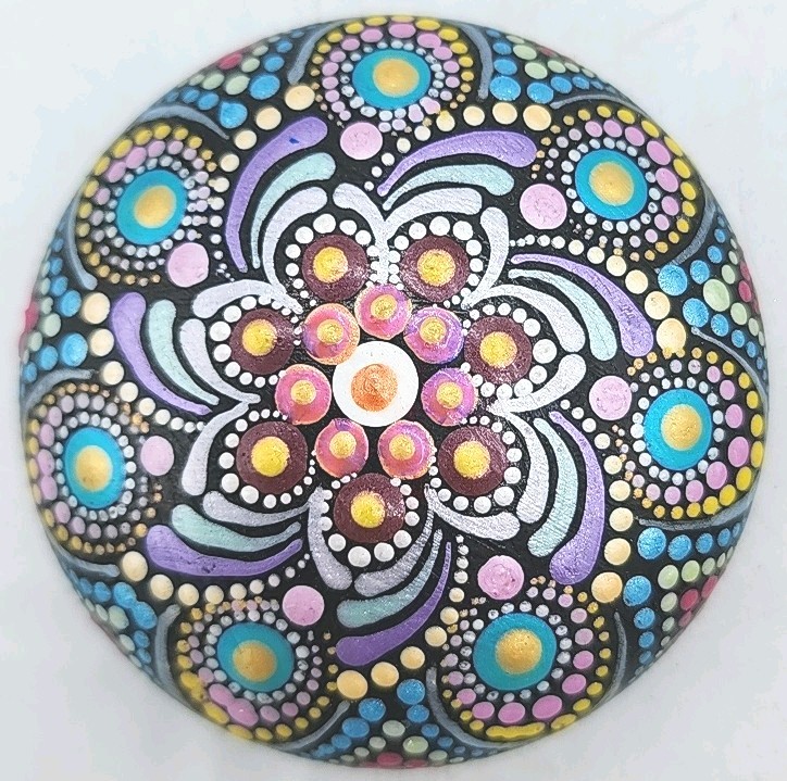 Dot Mandala Stone Hand Painted Signed Vibrant Art 3″ Acrylic Colors Geometric