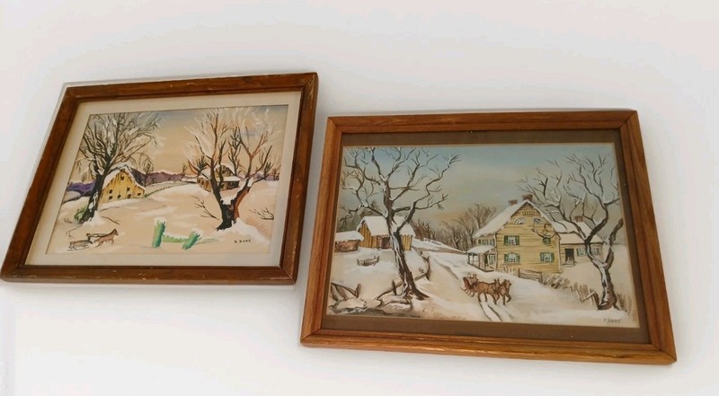 TWO Vintage American Folk Art Paintings Winter Snow Horse & Buggy Farm 15″ X 12″