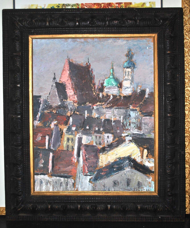 Polish Artist Jan Chrzan Oil on board C1980 Classic City pictorial scene 28×24”