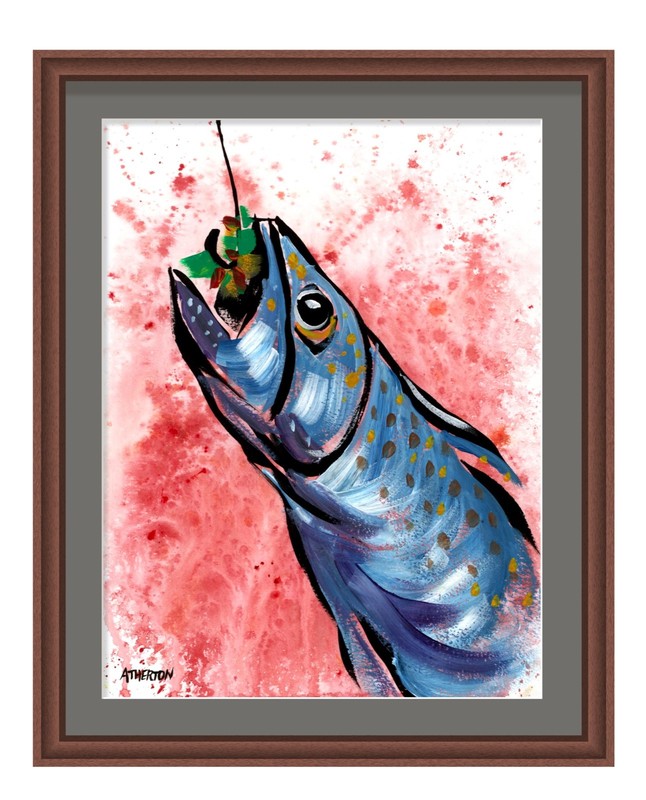 Atherton 9×12 Original Abstract Trout Bass Acrylic Painting «Fly Fish 1» signed