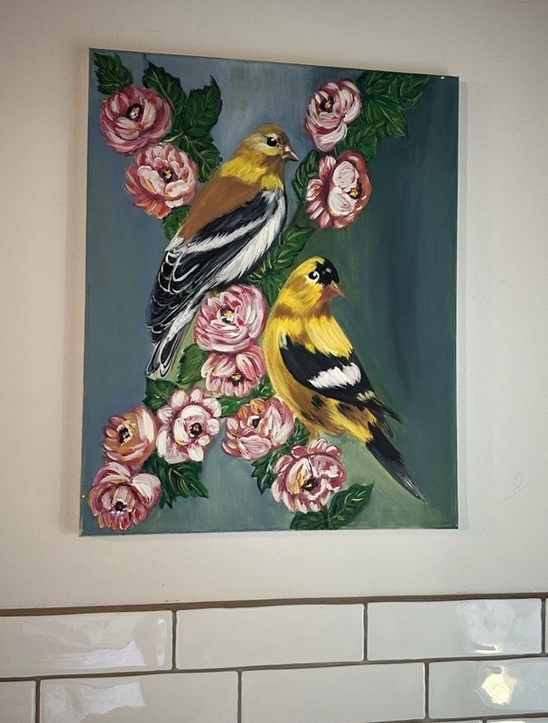 Original Still Life Yellow Birds Pink Flowers 20” X 14” Oil On Canvas Painting