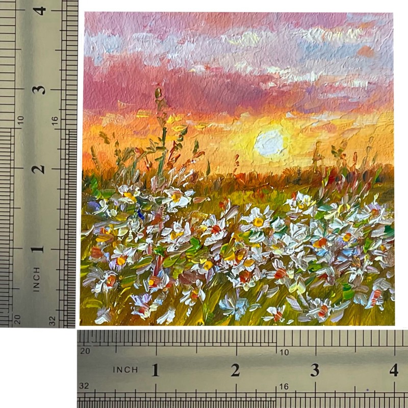 Original Oil Painting Wildflowers Daisies3 Impasto Small Wall Art 4x4in Signed gallery
