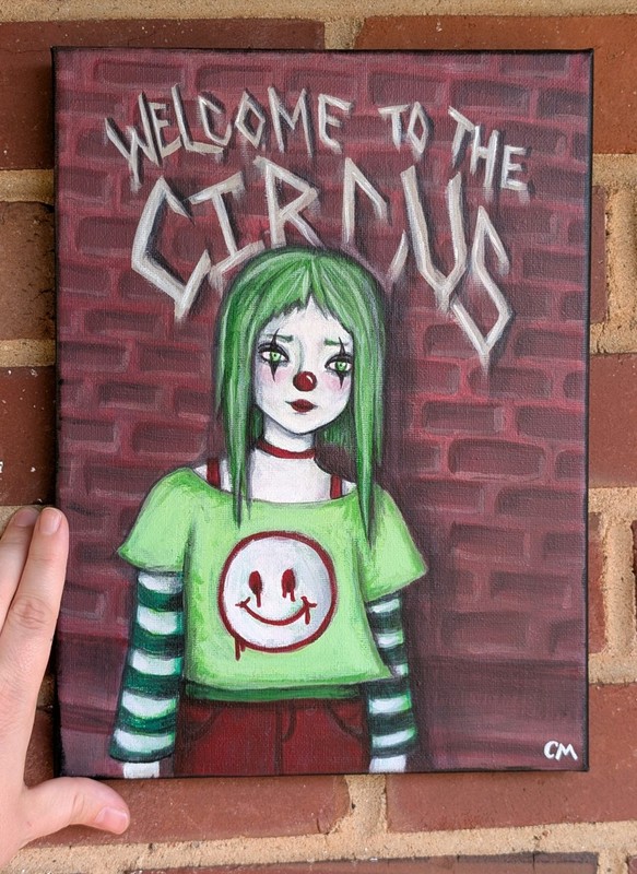 Welcome To The Circus Clown Girl Original Acrylic Painting 9×12 Canvas Wall Art