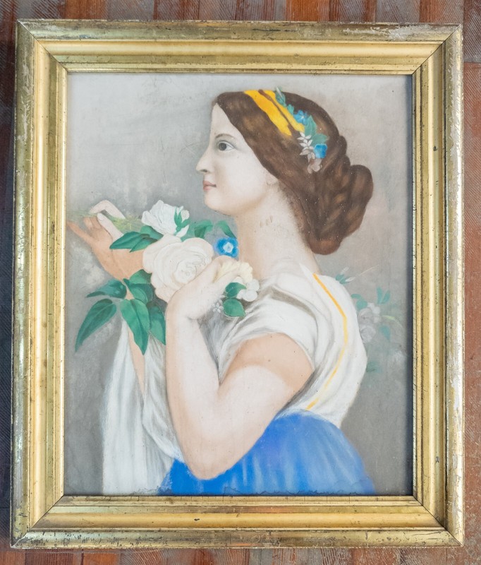 Mid-Century Naive Folk Art Pastel Portrait of a Pretty Woman with Flowers