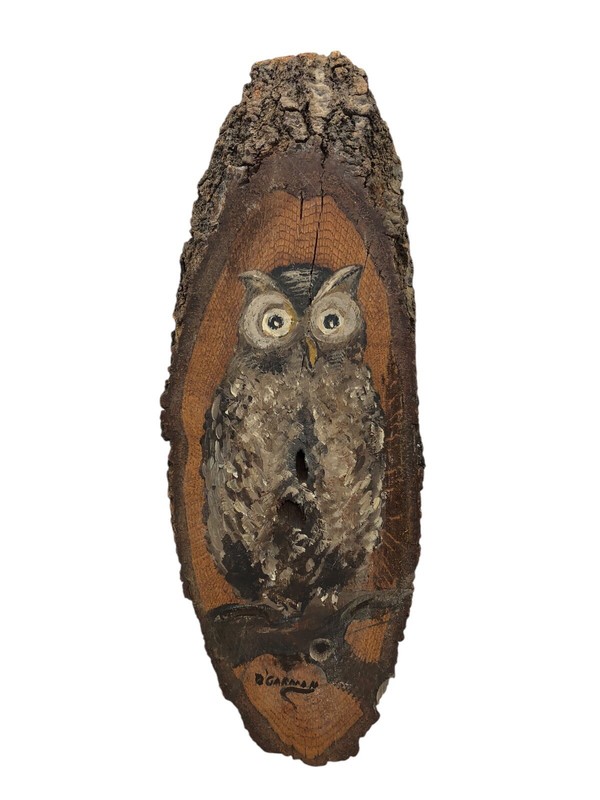 Rustic Mid Century Owl Painting On Sliced Wood Wall Decor