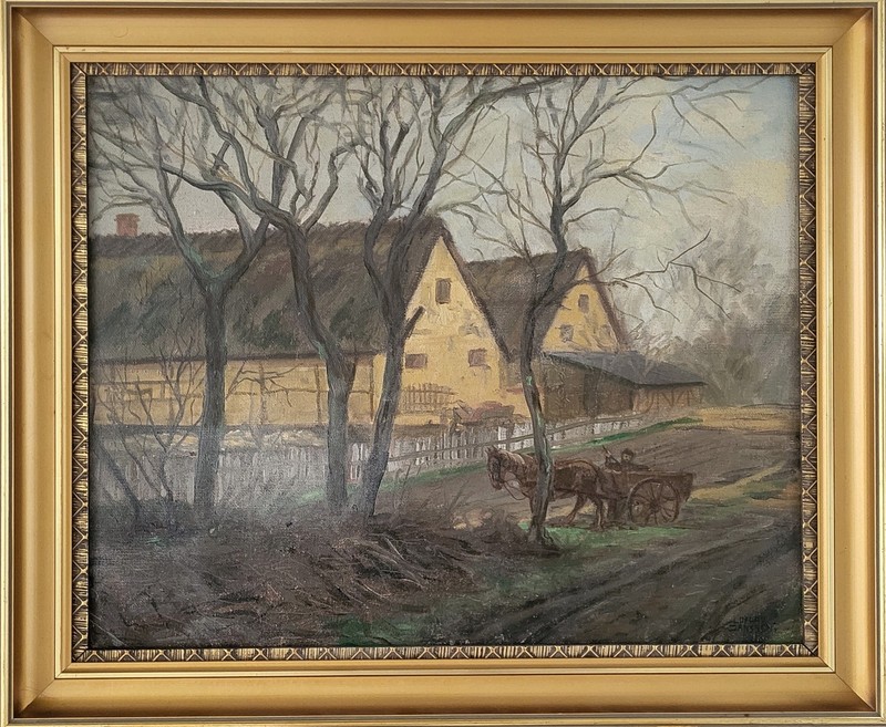 Antique oil painting. Luplau Janssen(1869-1927):”Working in the fields”