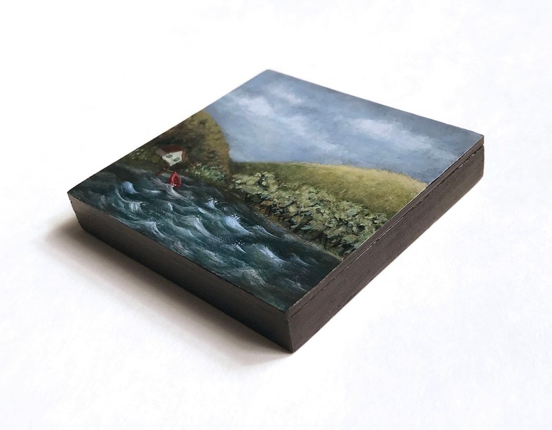 Stormy Day at the Lake Original Painting on Wood Panel, Mini Landscape Art, 3x3 gallery