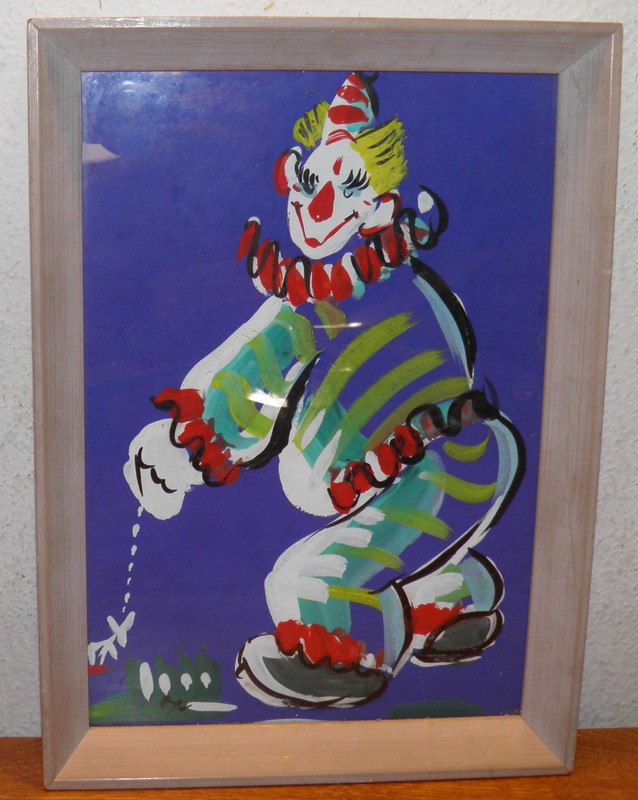 SHIRLEY CLEMENT AMERICAN 1922-2002 ORIGINAL CLOWN PAINTING INITIAL SC 9.5×12.5″