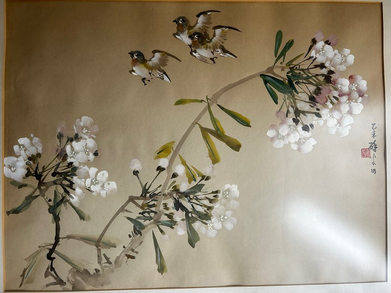 Chinese art painting Birds Cherry Blossom Tree