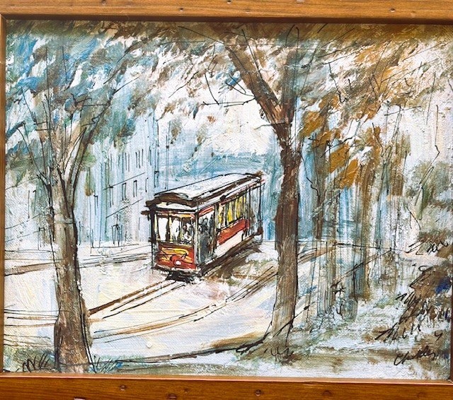 John Checkley Original Vintage Oil Painting Red Cable Car 10x8 FRAMED 13x11 gallery