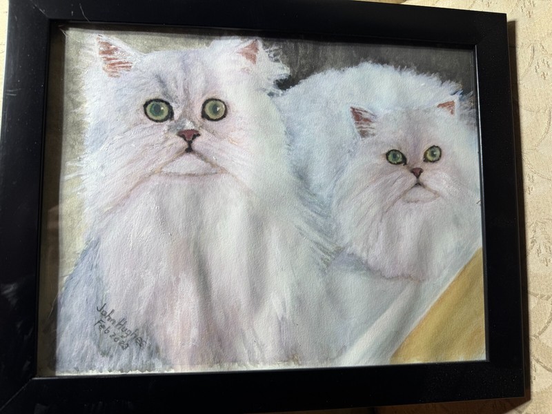 John Hughes Feb 2023 «Two Cats Scene» Mixed Media Painting – Signed And Framed