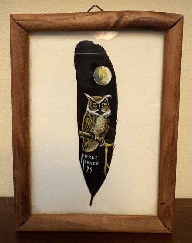 Hand Painted feather Art signed Artist Owl Bird Moon Themed Framed 5.5” X 4”