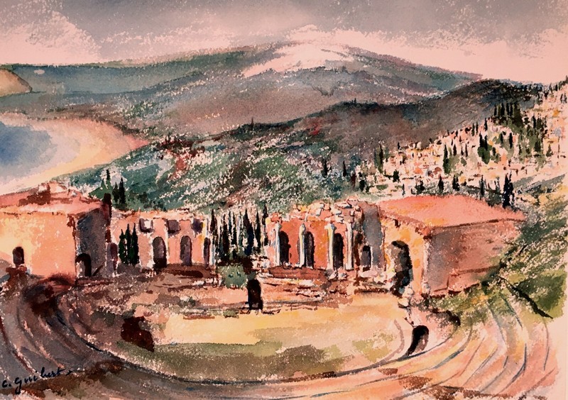 France 20th c: The Ancient Theater by the Sea, Fine W/C, Listed Female Artist