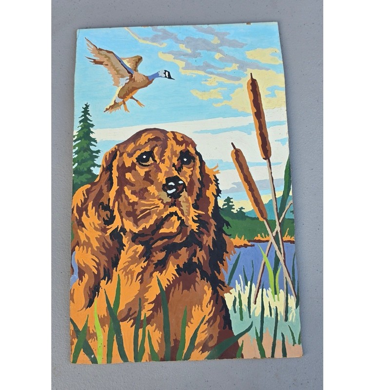 Vtg Paint By Number Dog Goose Hunting Cabin Decor 10×16 Golden retriever mancave