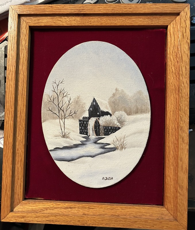 Watermill in the Snow Painting Framed Mounted on Red Velvet 11.5″ x 9.5″