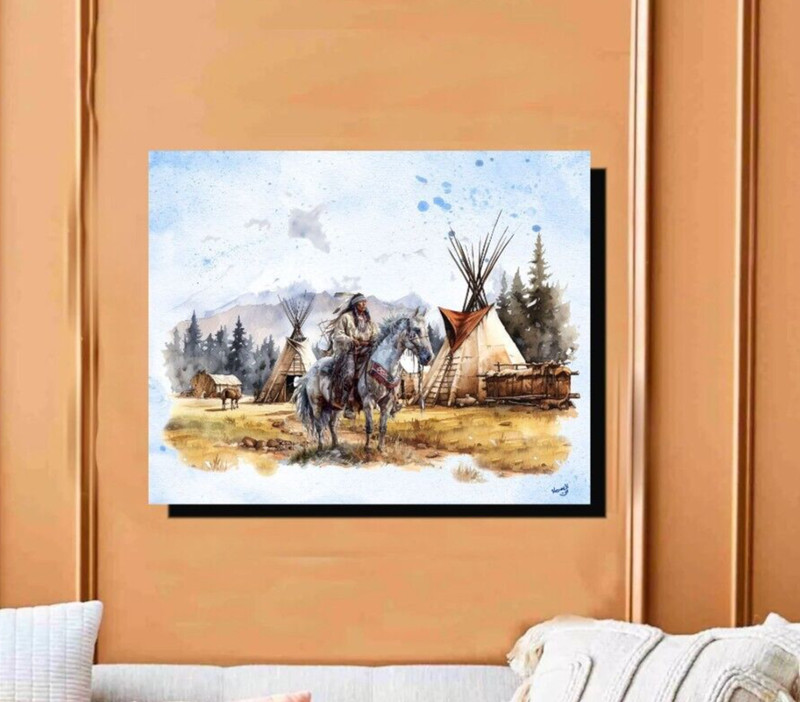 Native American Indian Guarding The Camp Canvas Wrap 16 x 20 Painting Wall Art