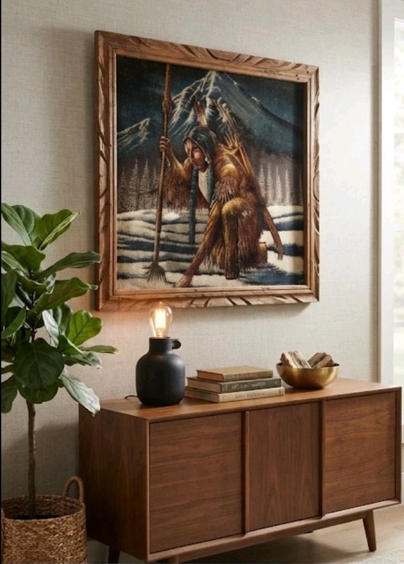 Vtg 70s Black Velvet Painting Native American Indian Tracker Snow Mountain Frame