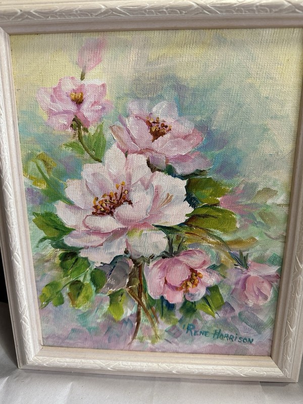 Hand Painted Oil On Canvas Framed 10×11 Signed Pink Flowers Painting.