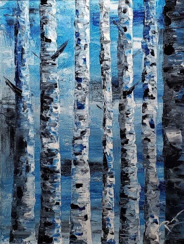 Winter Aspen forest by Roger Gelis Oil on canvas. 14×18 inch Framed