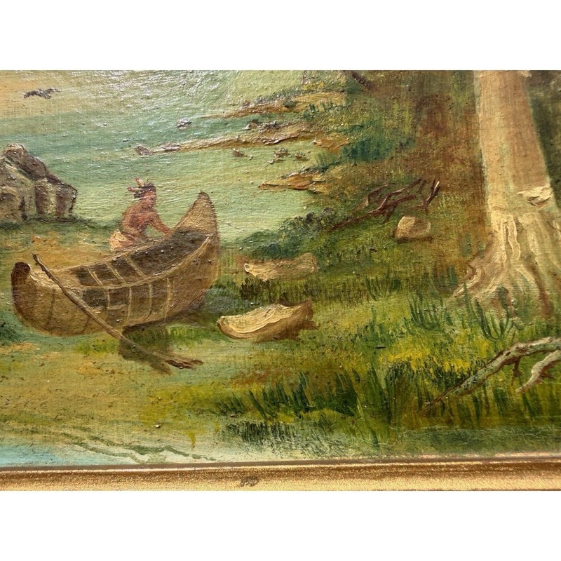 Late-1800s Antique Oil Painting – Indigenous Canoe Scene, Original Frame gallery